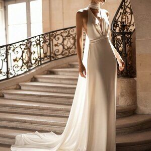 White Elegant Women's Spaghetti Strap Deep V-Neck Mermaid Maxi Dress